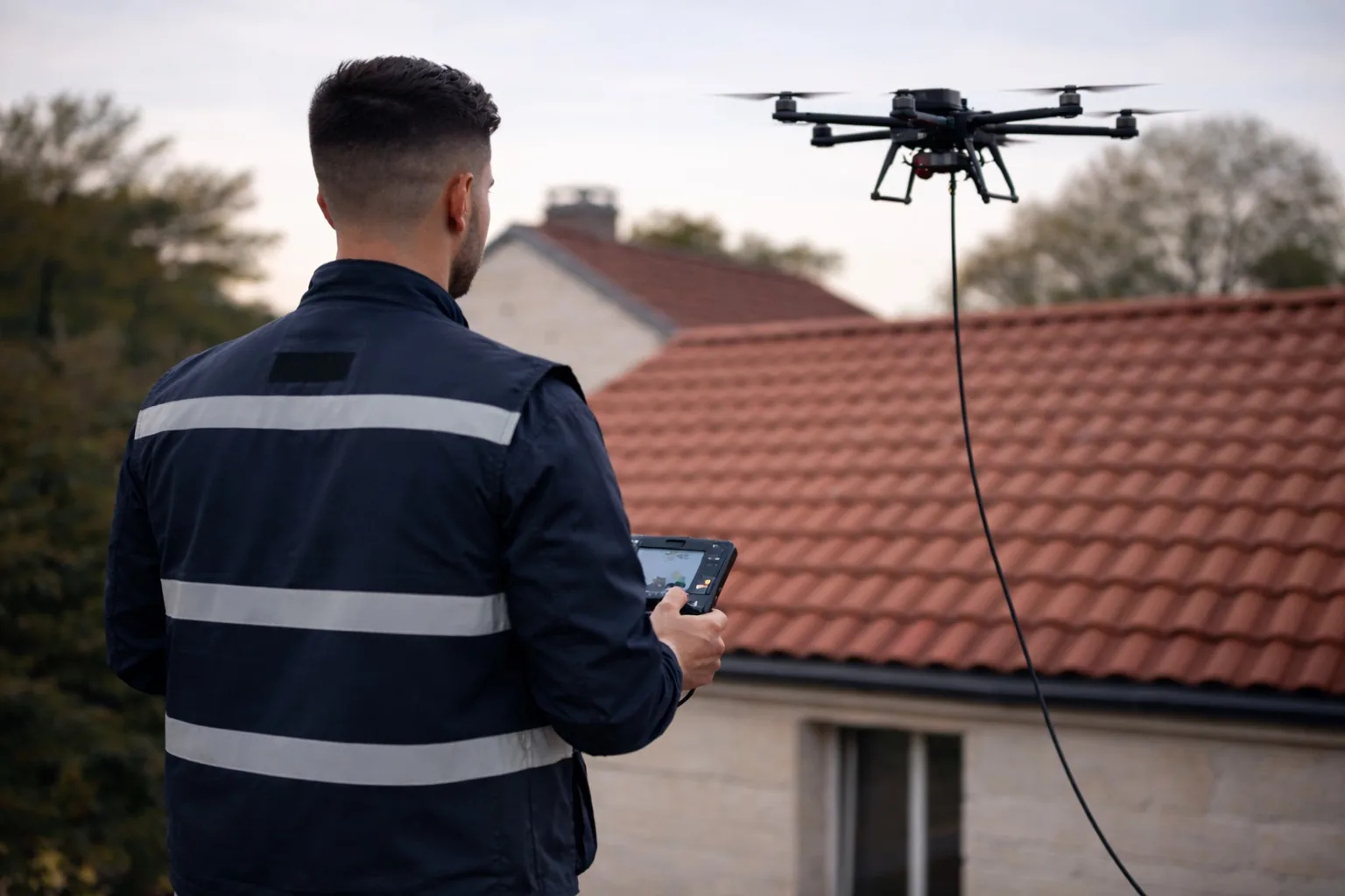 Drone Dronelia en intervention sur une toiture en tuiles dans le Tarn