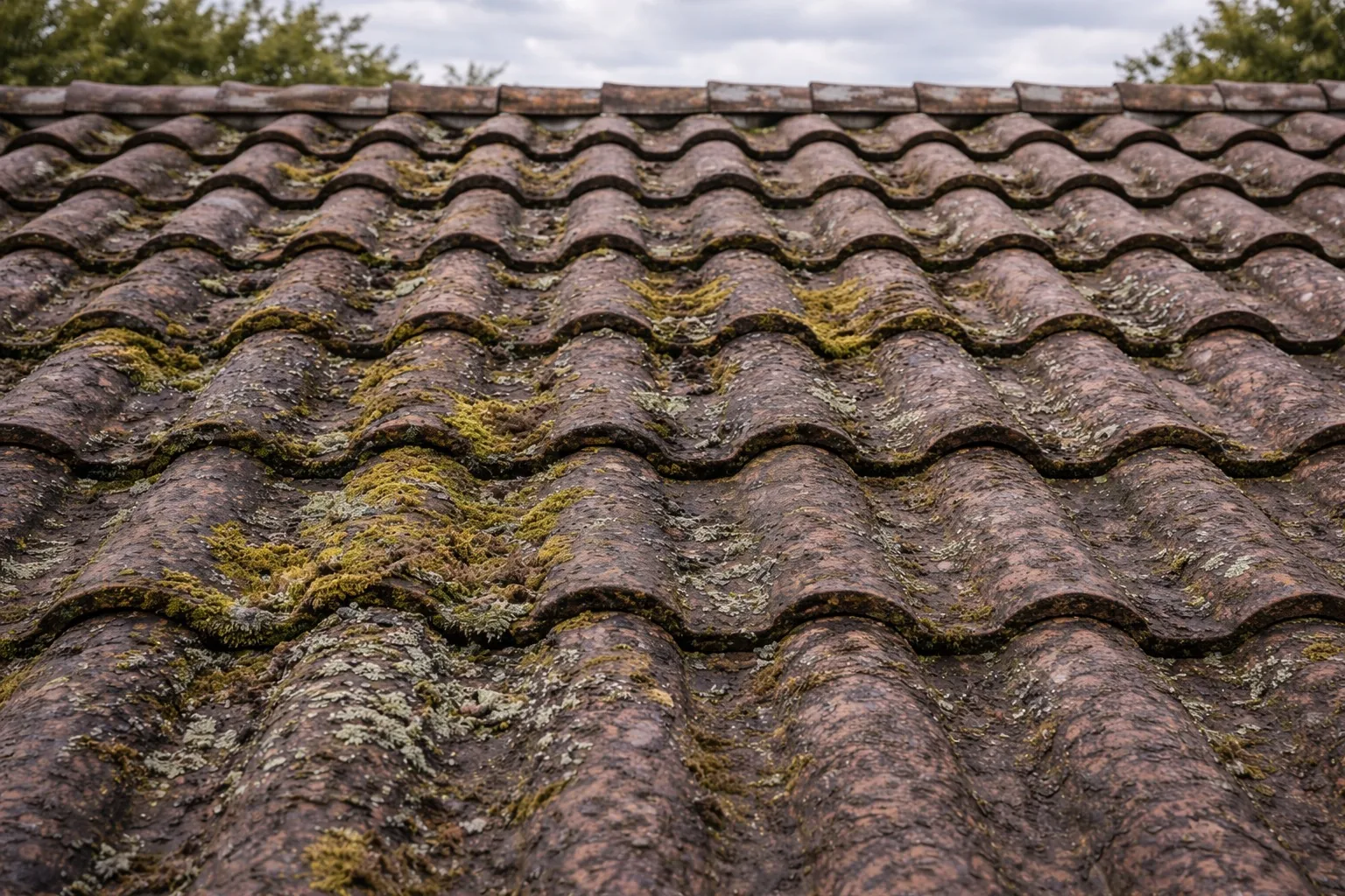 Toiture en tuiles avant intervention de nettoyage par drone à Gaillac